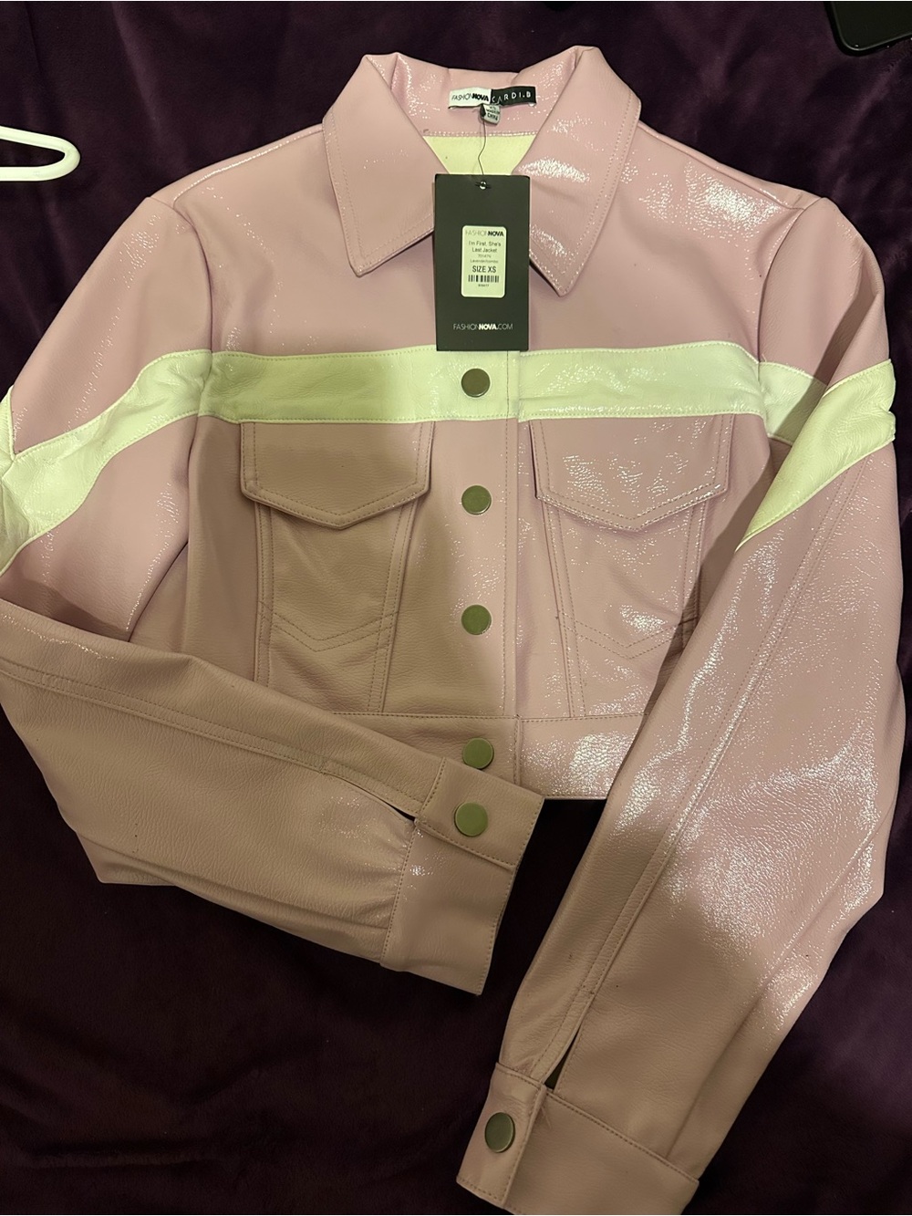 Fashion Nova Pink Faux-Leather Crop Jacket with White Stripe Cardi B